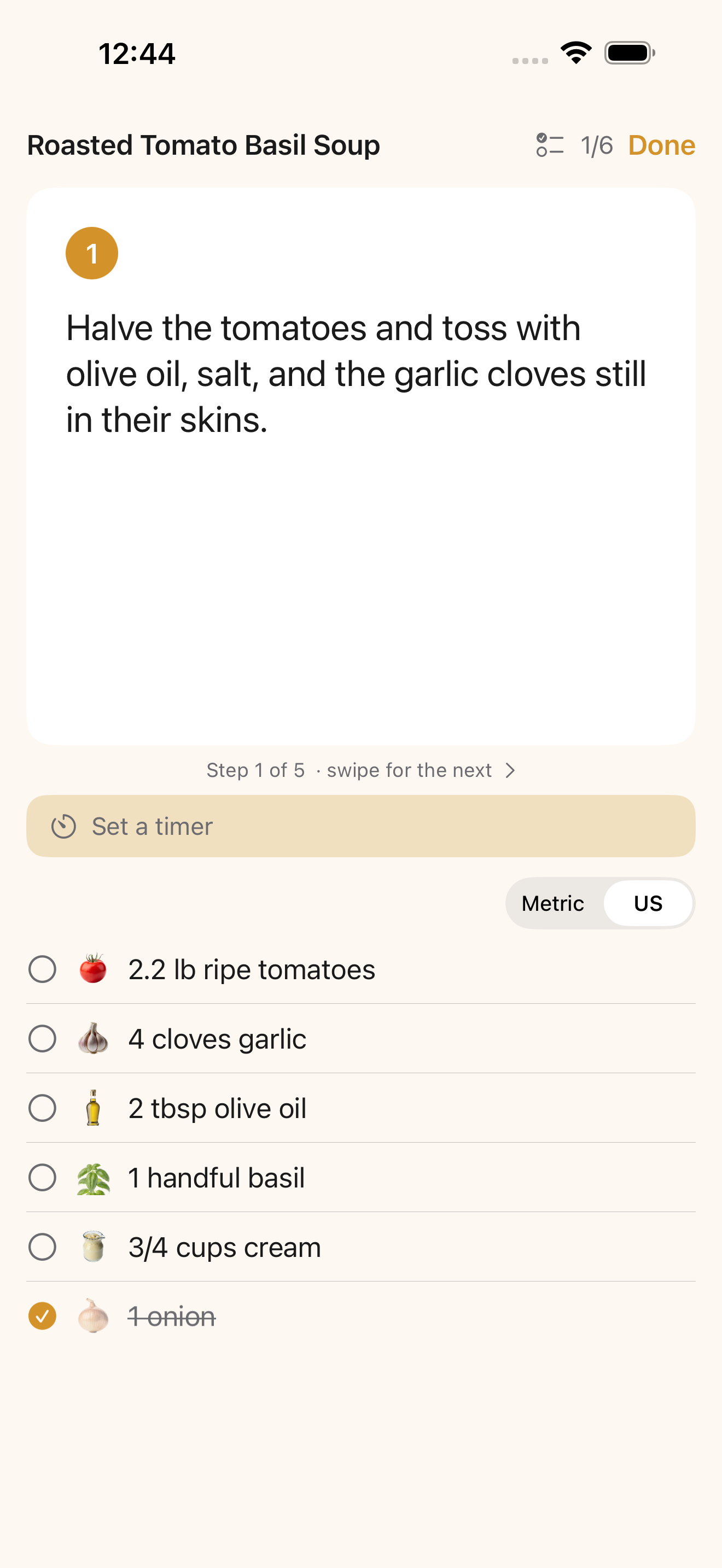 Feastmark Cook Mode on step 1 of 5 with a Set a timer button, a Metric and US switch, and an ingredient checklist