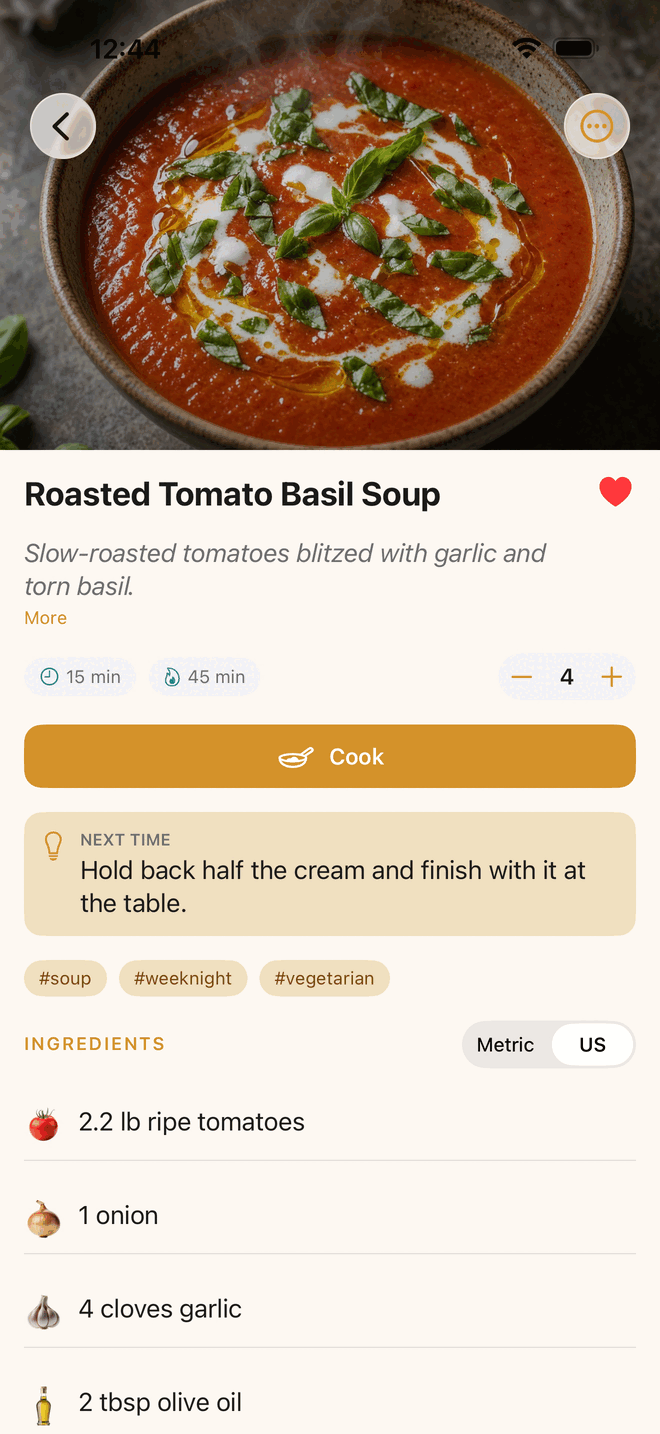 A saved Feastmark recipe with ingredients, cooking notes, and a Cook button